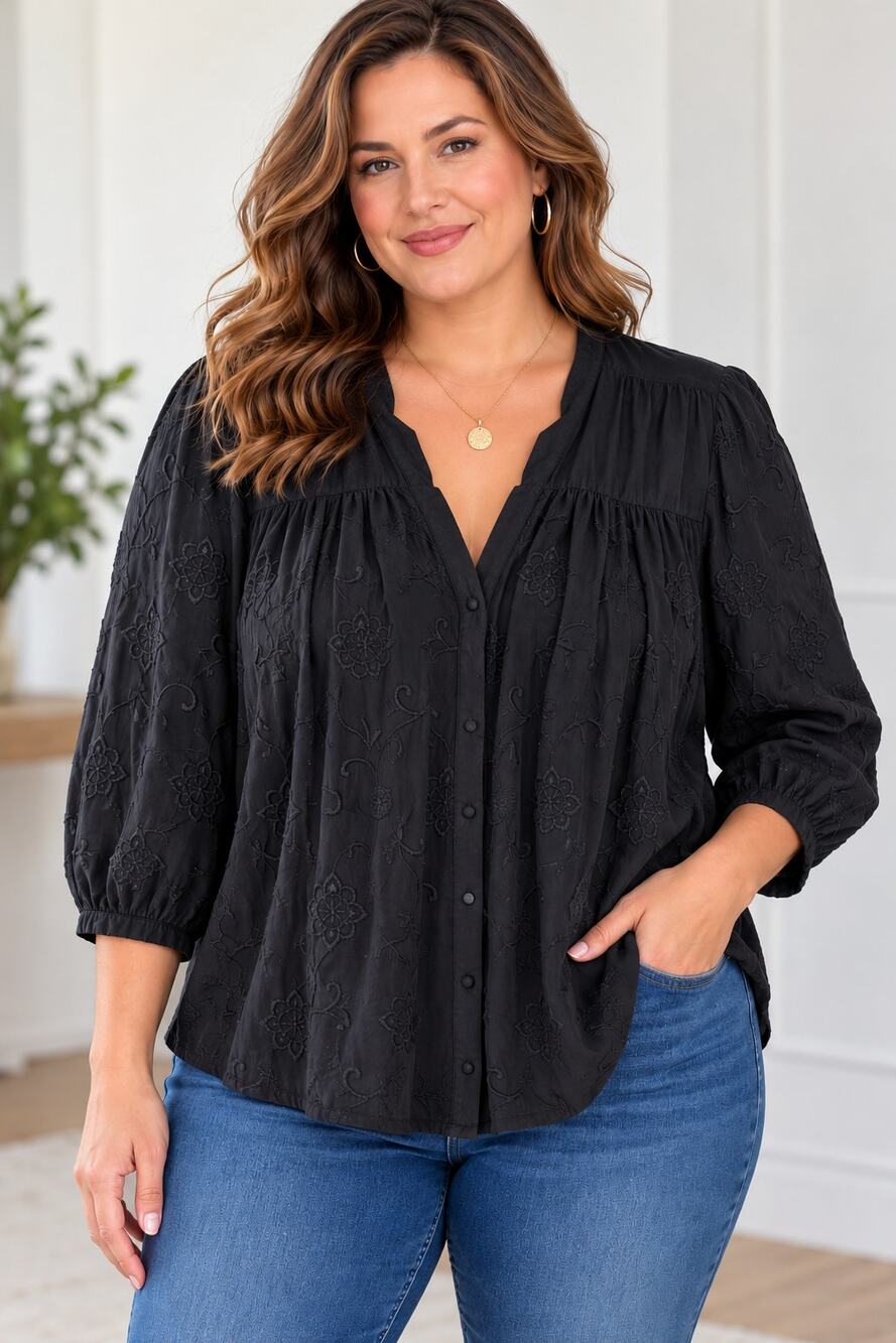 Lucky Brand Black Floral Embroidered Boho Tunic Blouse 2X